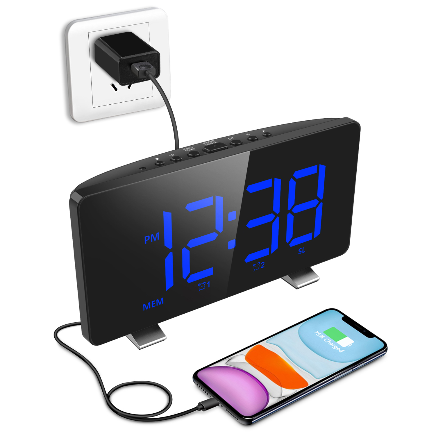 REACHER Projection Alarm Clock with Dual Alarm USB 0-100 Dimmer and Snooze Time 