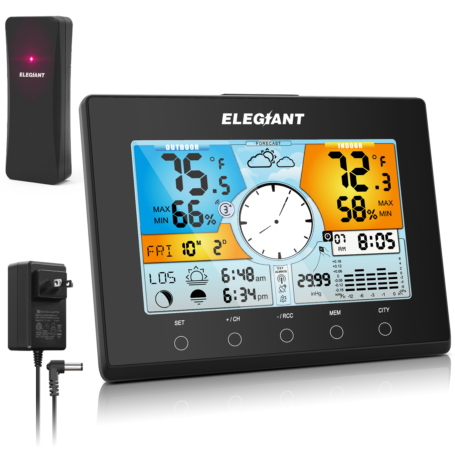 ELEGIANT Color Weather Station Auto Time Setting (WWVB) Indoor Outdoor  Thermometer Hygrometer Monitor Weather Forecast 4-Level Backlight |  EOX-9938 US